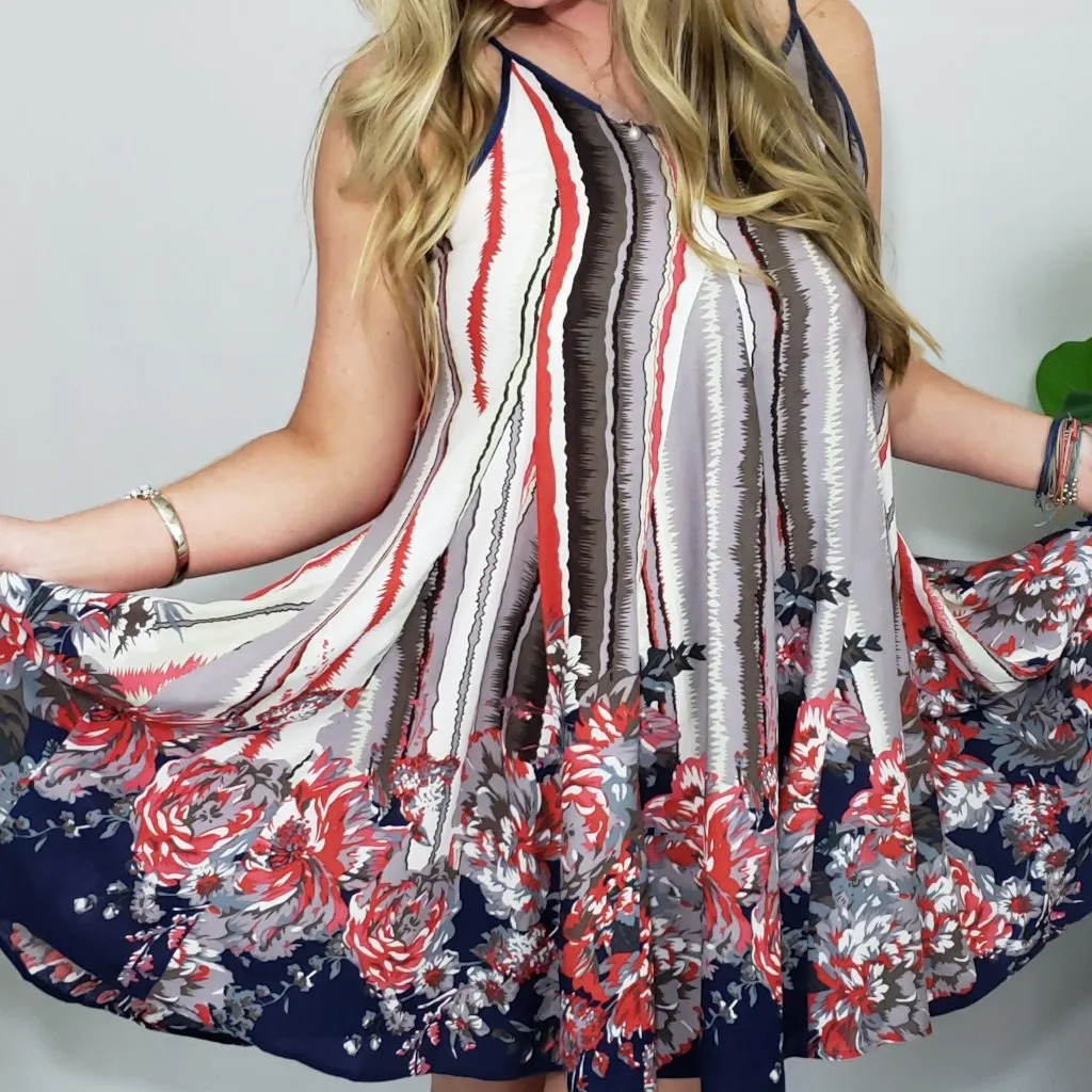 Janelle’s Floral Parade Swing Summer Dress in Red, White, Blue & Mauve