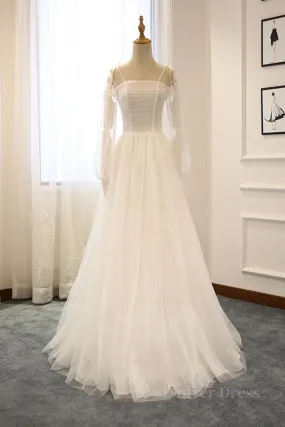 kamahe Long Sleeves White Tulle Prom Wedding Dresses, Long Sleeves White Tulle Formal Evening Dresses
