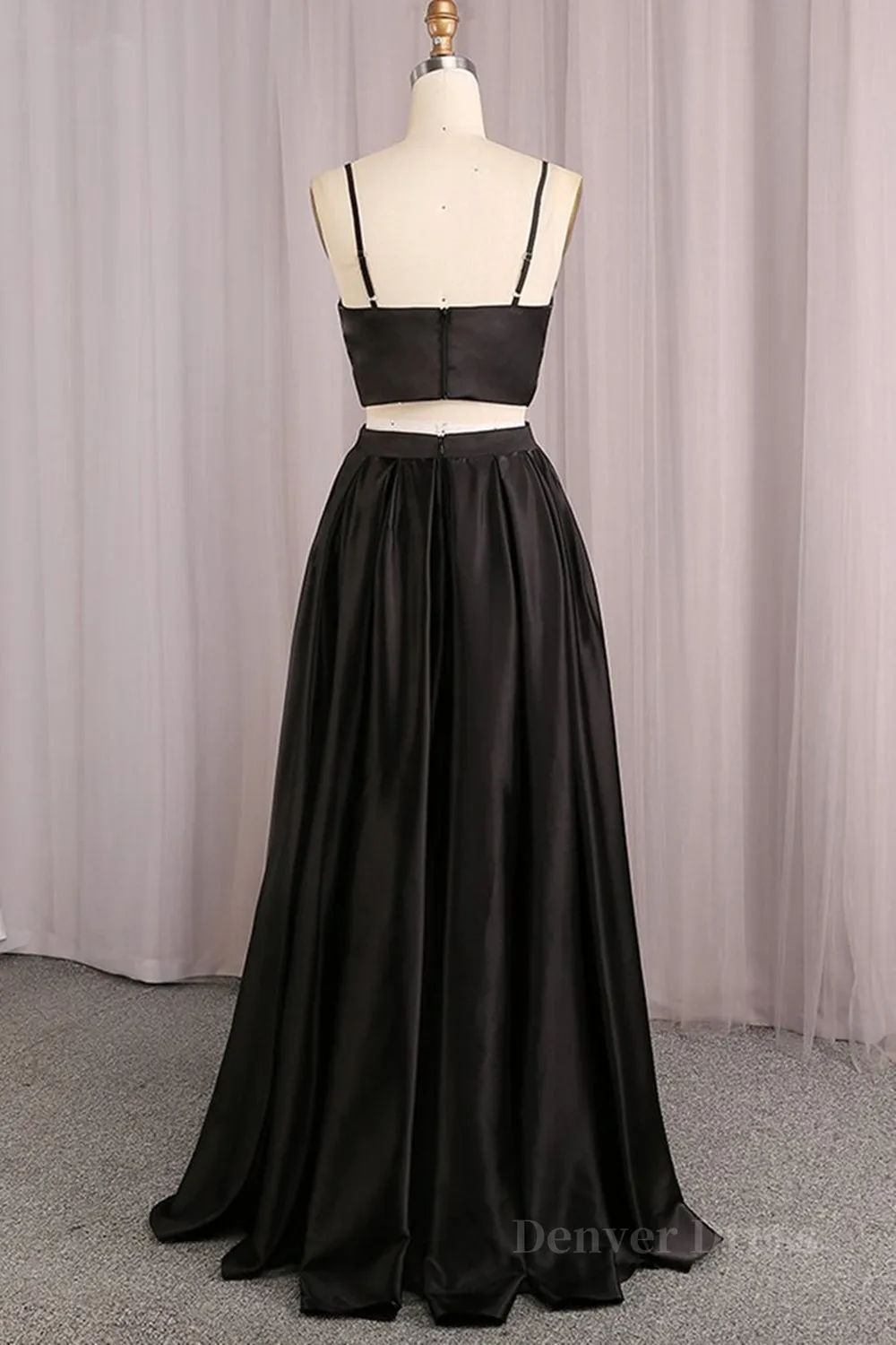 kamahe Simple V Neck Two Pieces Black Prom Dresses, 2 Pieces Black Long Formal Dresses, Black Evening Dresses