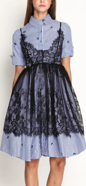 Lace and Striped Shirt-Dress
