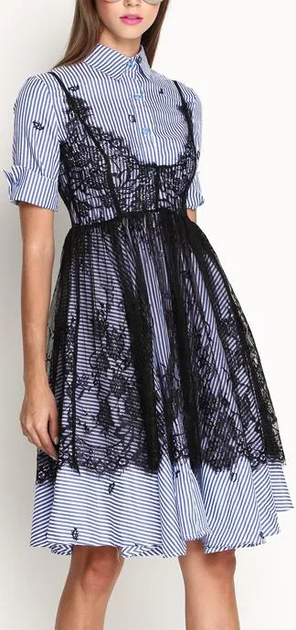 Lace and Striped Shirt-Dress