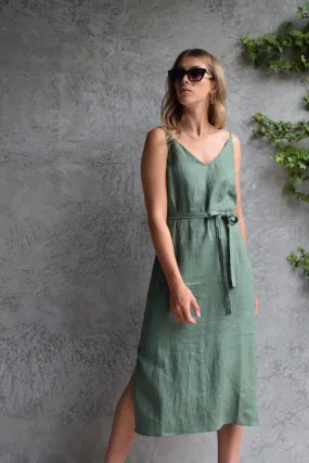 Lulu  V Neck Pine Linen Tie Back Midi Slip Dress
