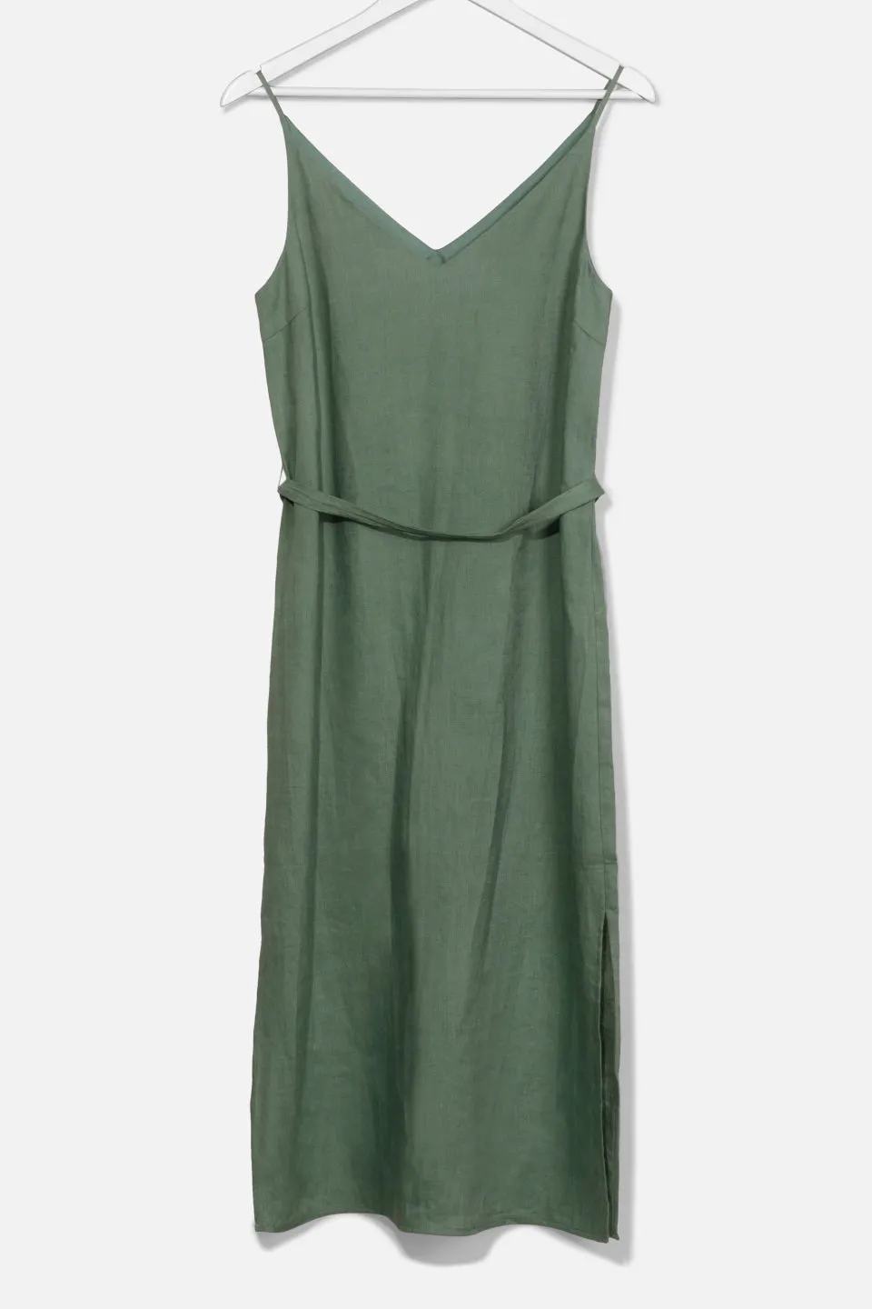 Lulu  V Neck Pine Linen Tie Back Midi Slip Dress