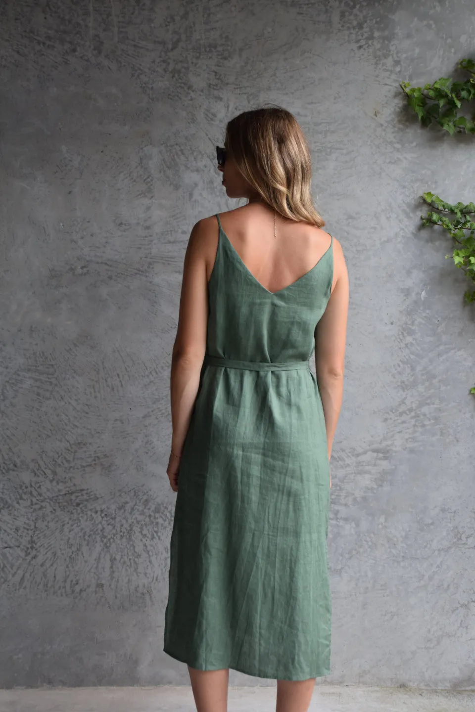 Lulu  V Neck Pine Linen Tie Back Midi Slip Dress