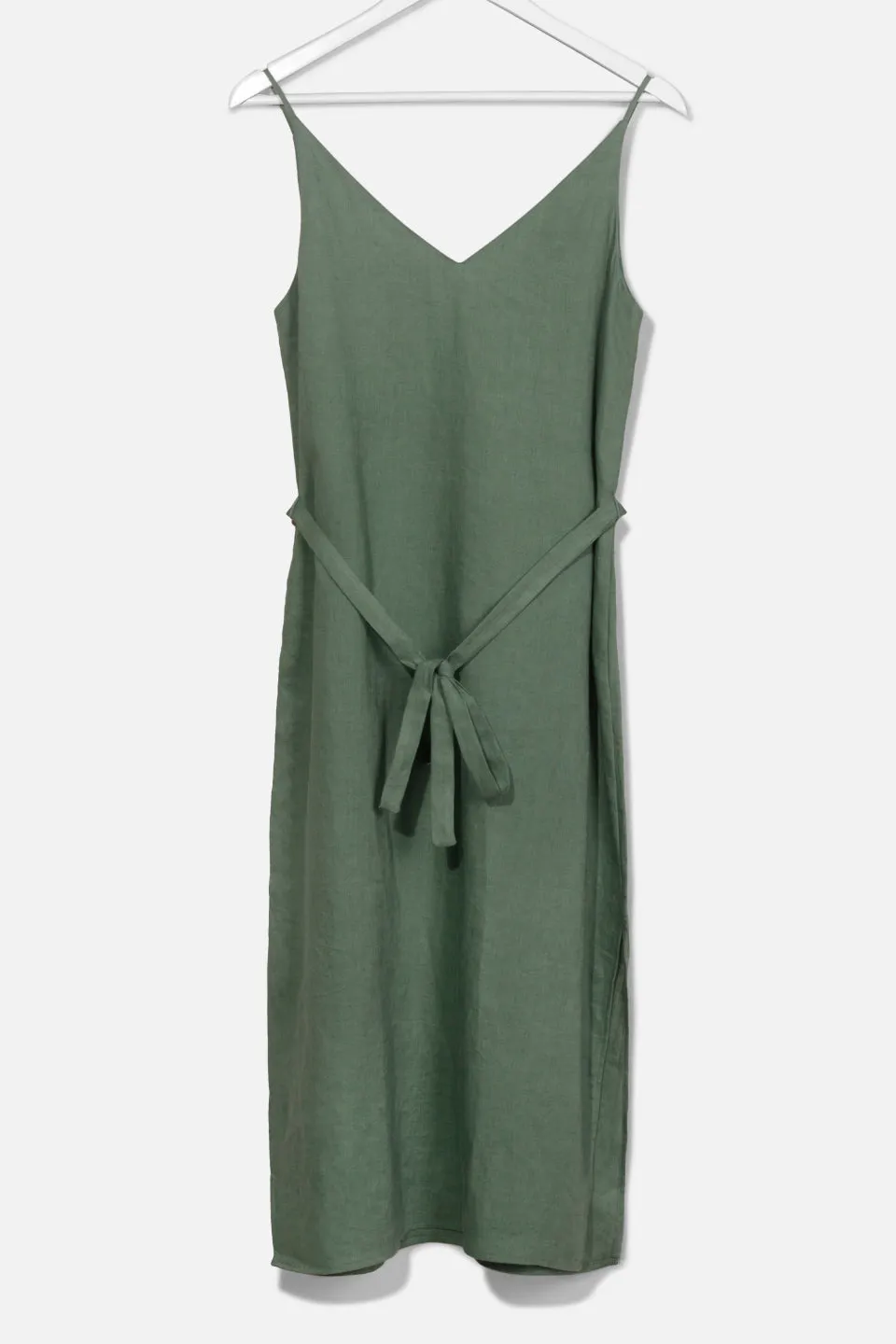 Lulu  V Neck Pine Linen Tie Back Midi Slip Dress