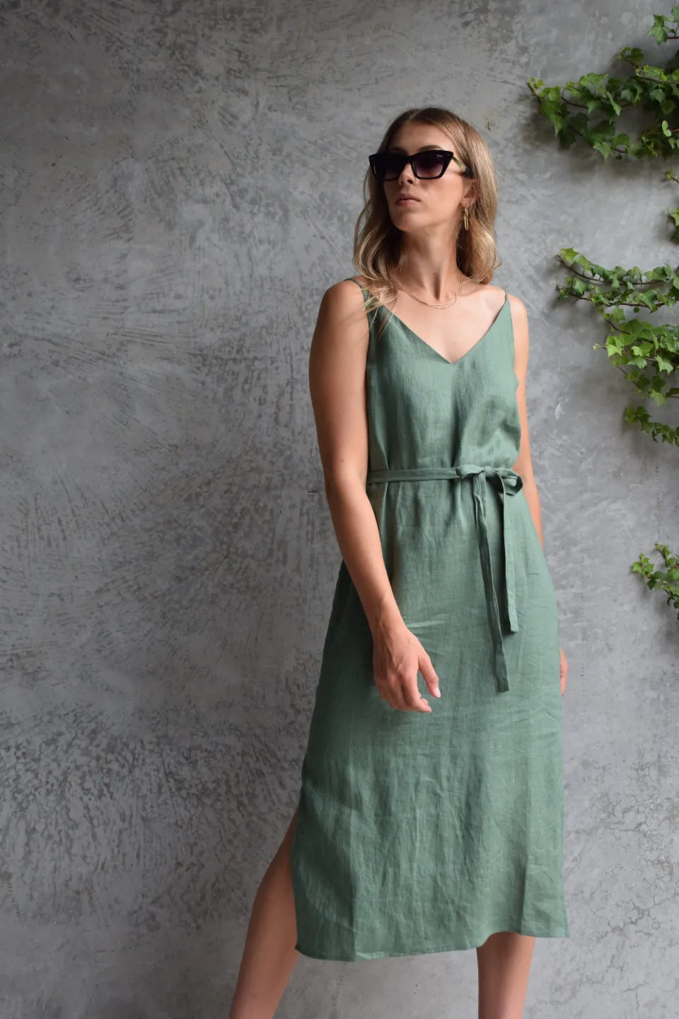 Lulu  V Neck Pine Linen Tie Back Midi Slip Dress