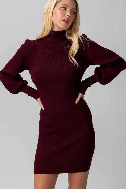 Marie Rin Knit Turtle NecK Puff Sleeve Dress