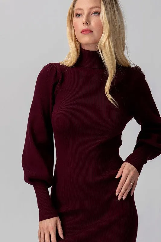 Marie Rin Knit Turtle NecK Puff Sleeve Dress