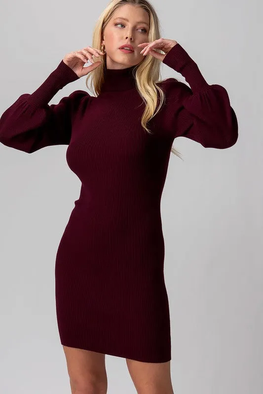 Marie Rin Knit Turtle NecK Puff Sleeve Dress