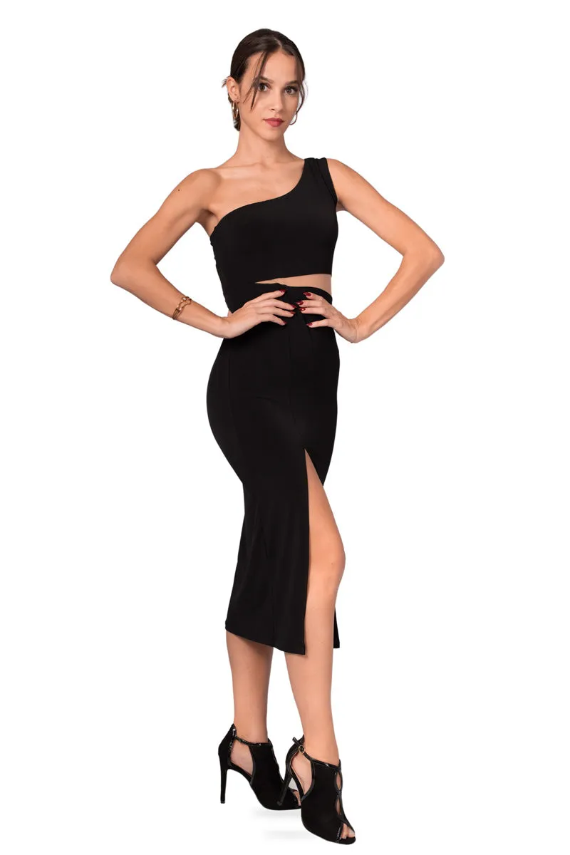 One-Shoulder Midi Dress With Side Cutout 
