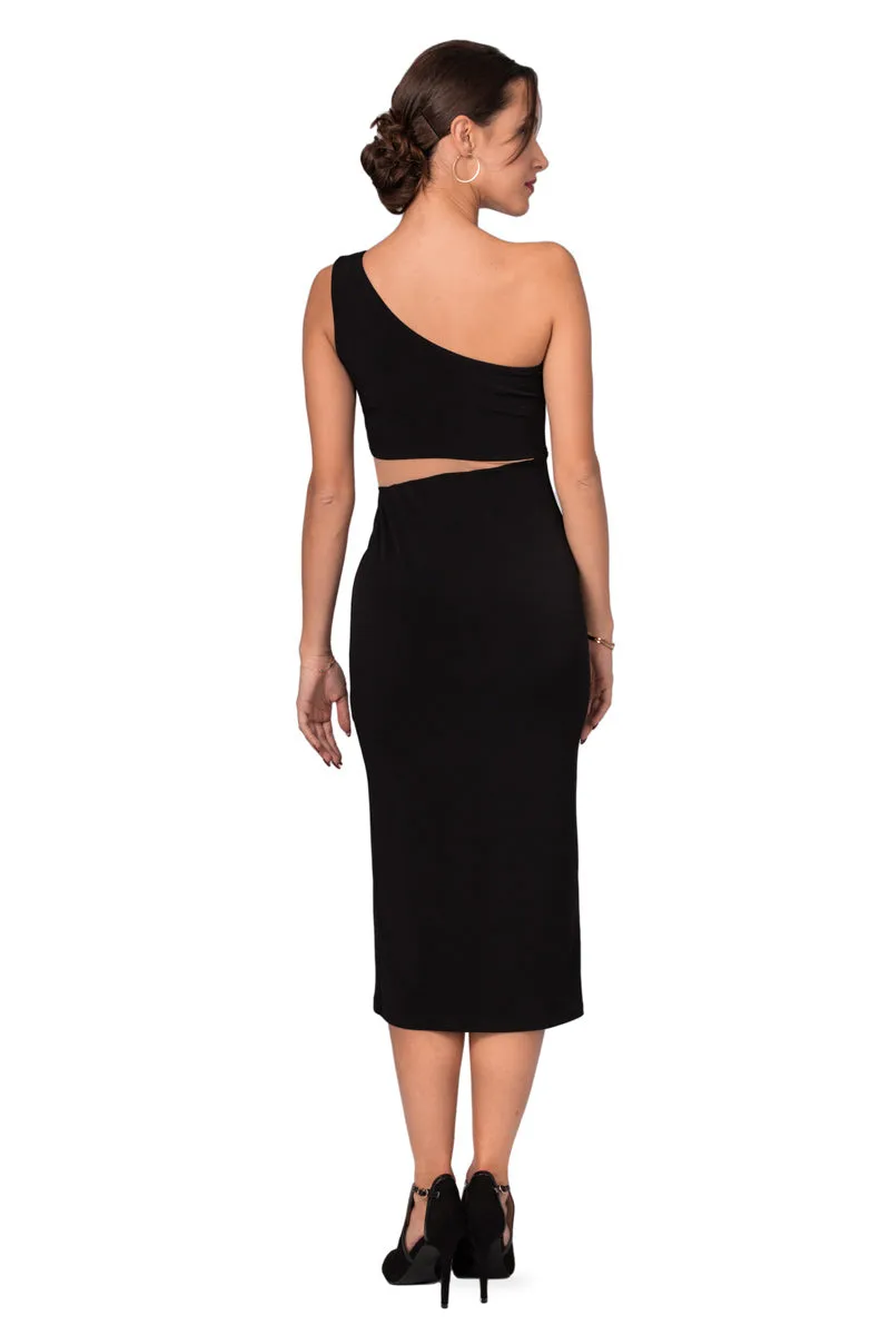 One-Shoulder Midi Dress With Side Cutout 
