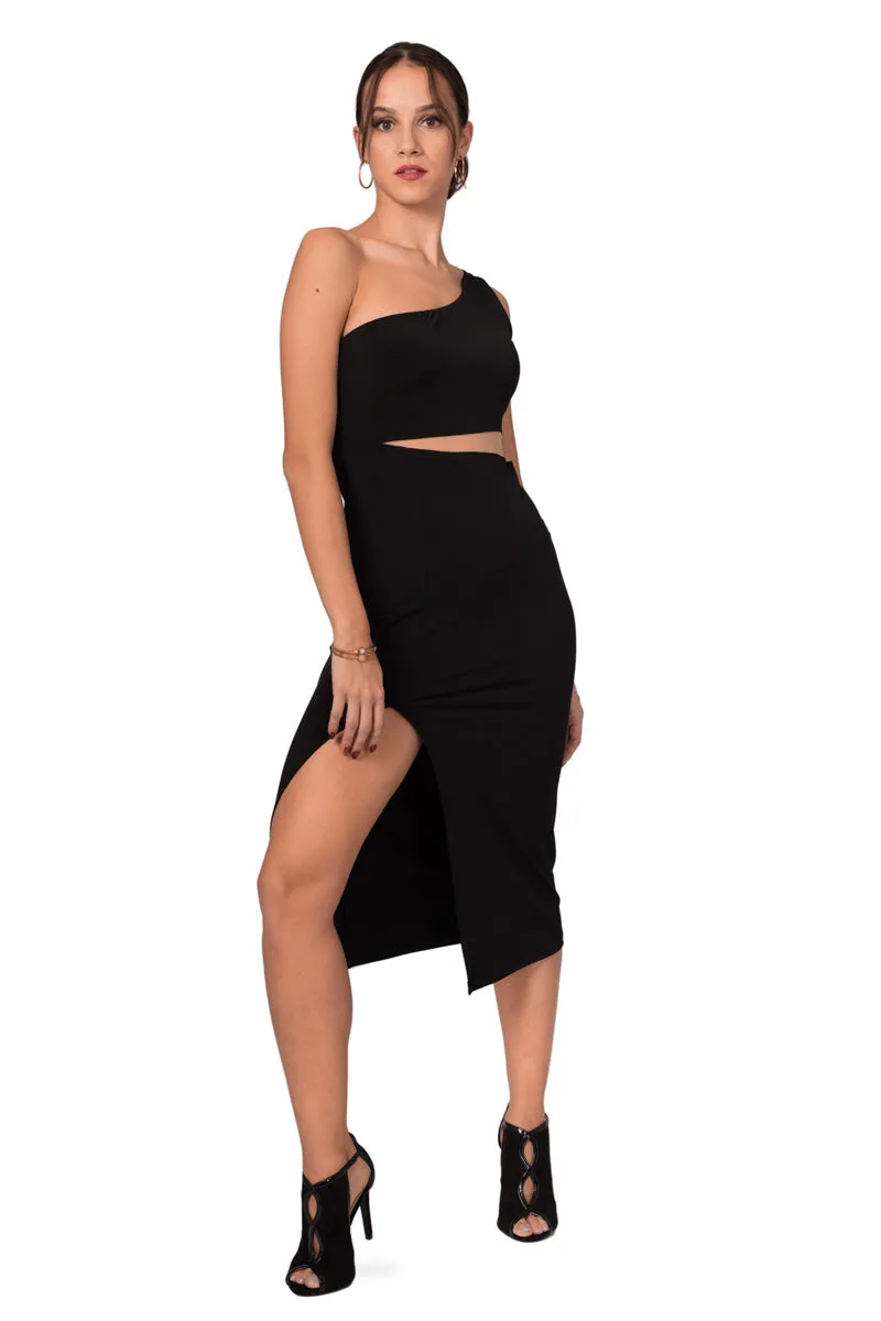 One-Shoulder Midi Dress With Side Cutout 