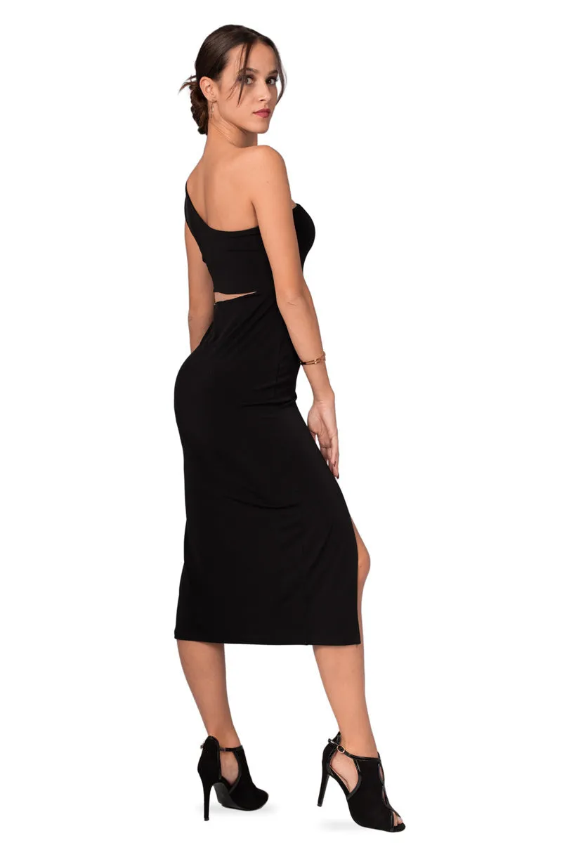 One-Shoulder Midi Dress With Side Cutout 