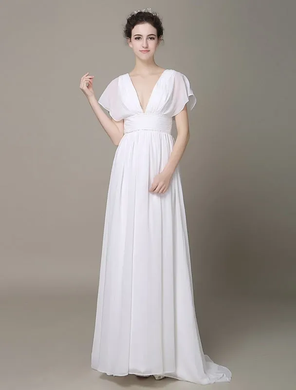 Plunging Chiffon Beach Wedding Dress A-Line Ivory V-Neck Pleated Belt Short Sleeves Bridal Dress With Court Train Exclusive