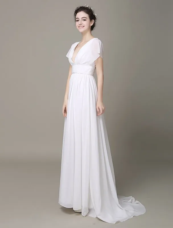 Plunging Chiffon Beach Wedding Dress A-Line Ivory V-Neck Pleated Belt Short Sleeves Bridal Dress With Court Train Exclusive
