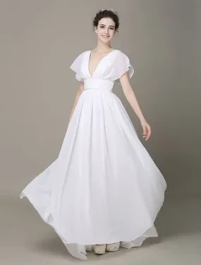 Plunging Chiffon Beach Wedding Dress A-Line Ivory V-Neck Pleated Belt Short Sleeves Bridal Dress With Court Train Exclusive