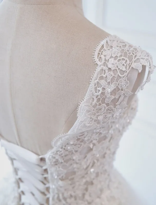 Princess Wedding Dresses Ball Gowns Lace V Neck Sleeveless Floor Length Bridal Gowns