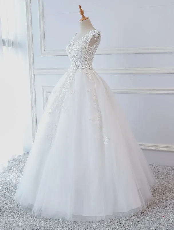 Princess Wedding Dresses Ball Gowns Lace V Neck Sleeveless Floor Length Bridal Gowns