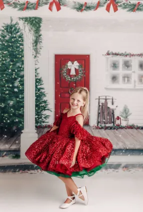 "Ruby Shimmer" - Red and Green Petal Gown Dress ( 6 Year - Petite 7 Year)
