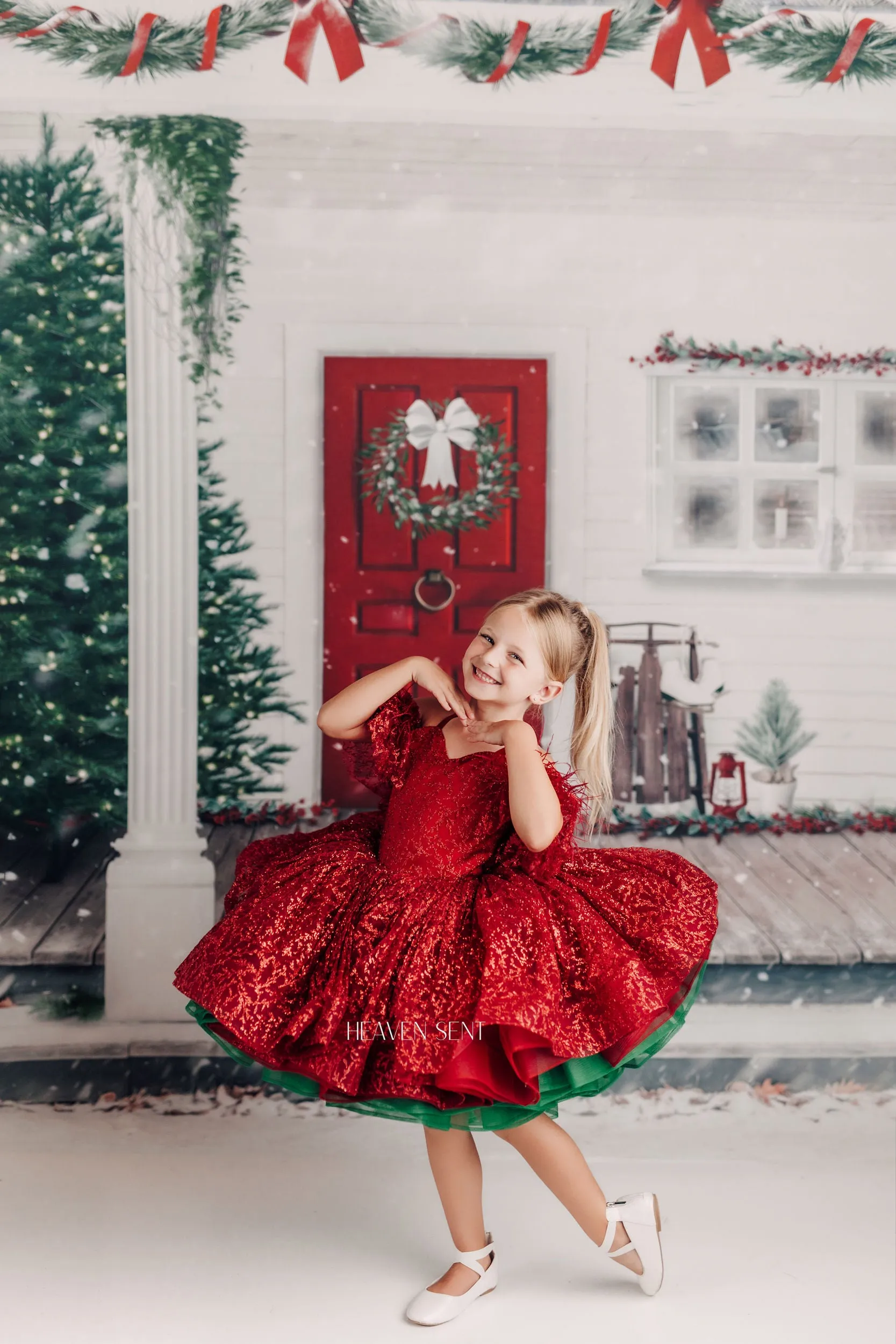"Ruby Shimmer" - Red and Green Petal Gown Dress ( 6 Year - Petite 7 Year)
