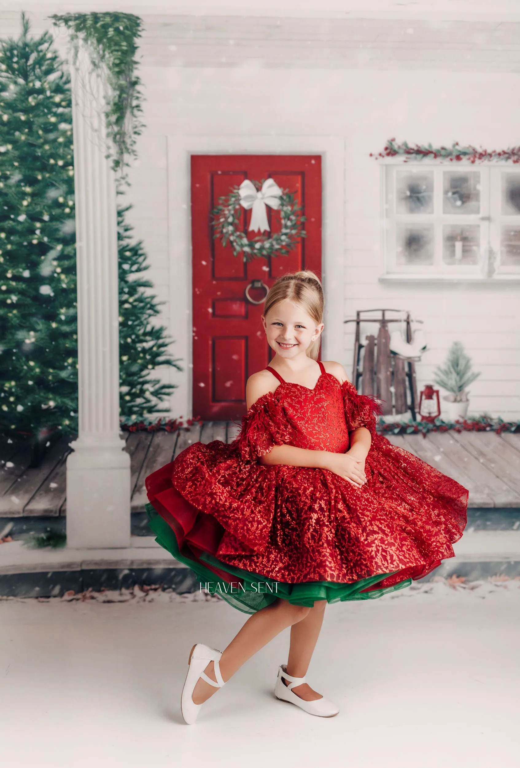 "Ruby Shimmer" - Red and Green Petal Gown Dress ( 6 Year - Petite 7 Year)