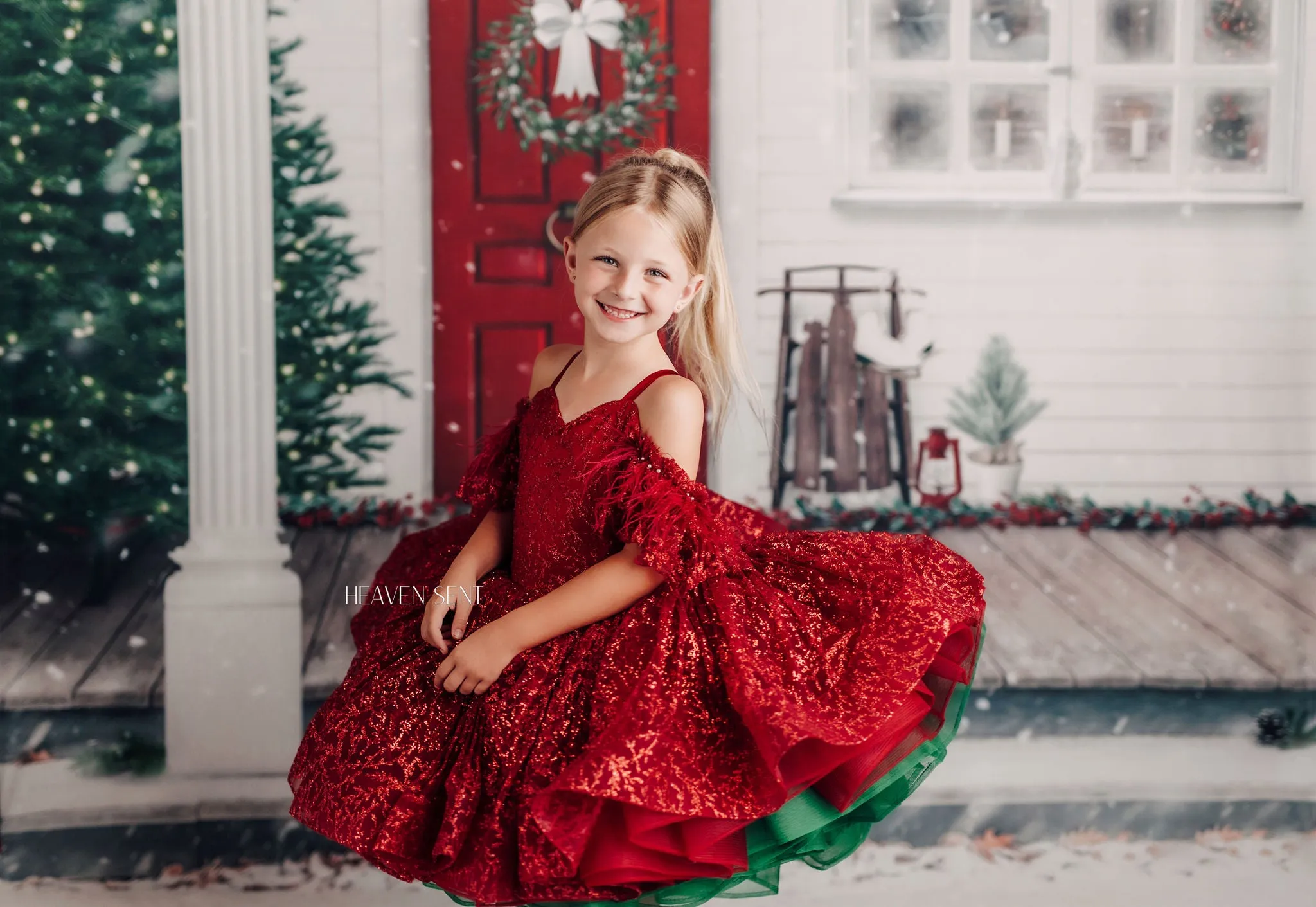 "Ruby Shimmer" - Red and Green Petal Gown Dress ( 6 Year - Petite 7 Year)