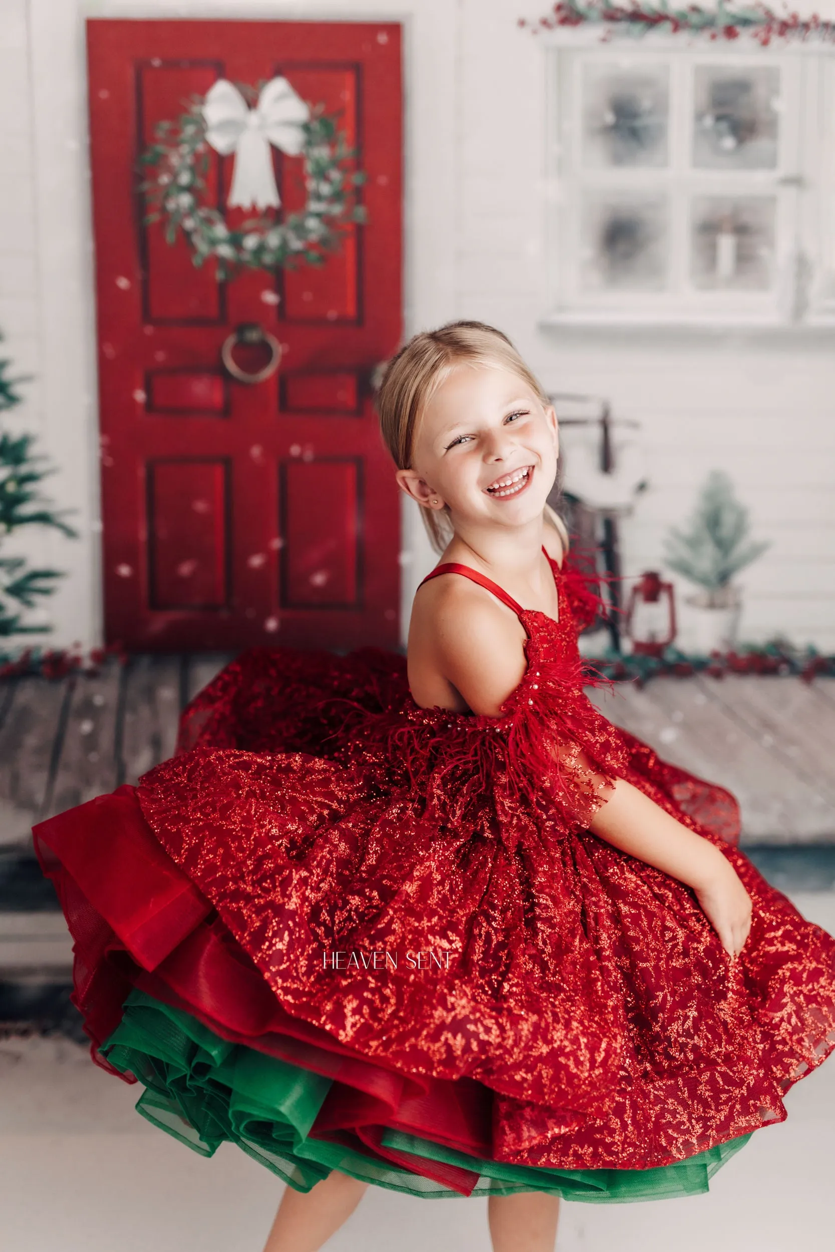 "Ruby Shimmer" - Red and Green Petal Gown Dress ( 6 Year - Petite 7 Year)