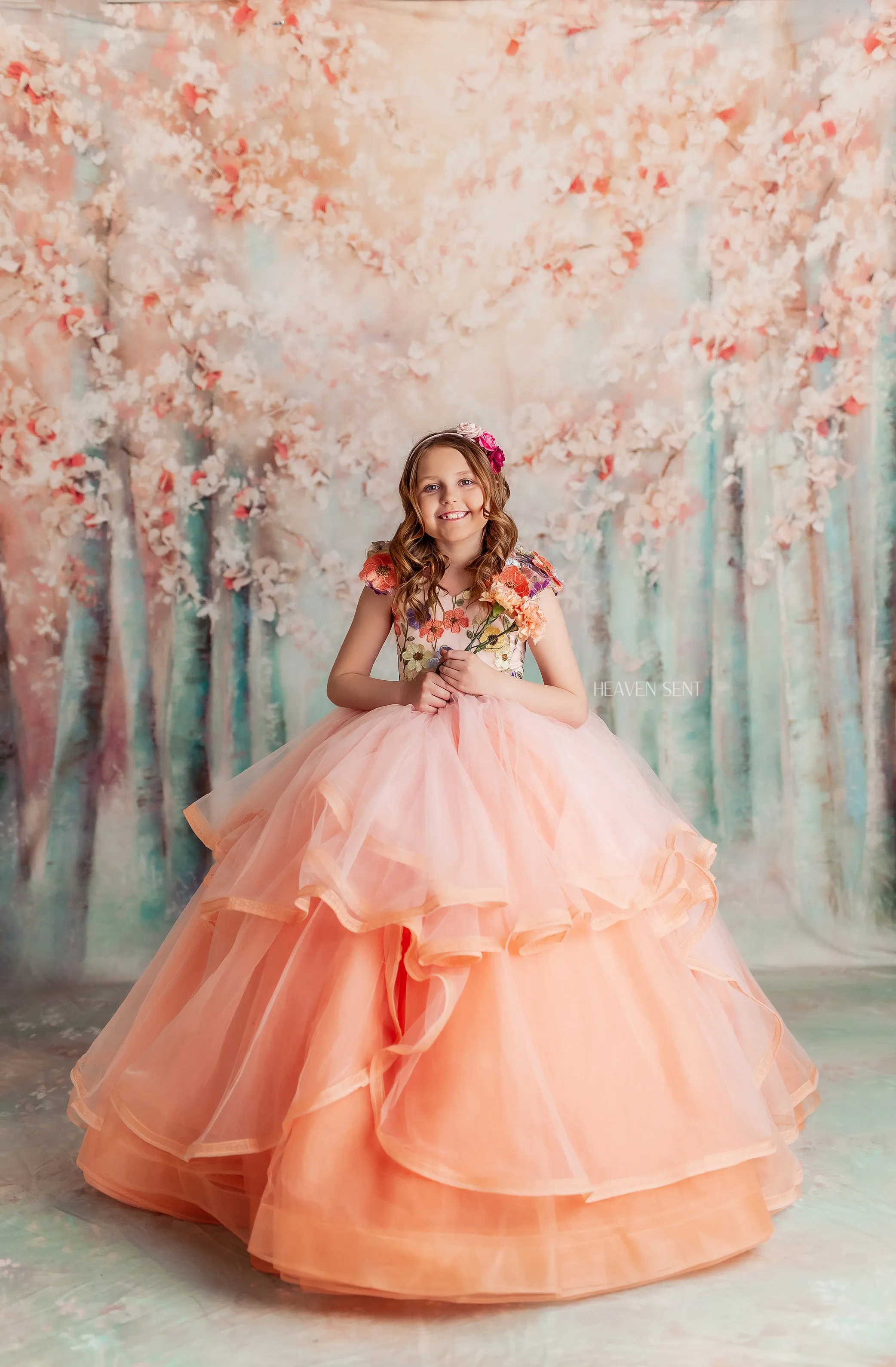 Retired rentaleuc "Taylor" in Coral Peach -  Floor Length Dress ( 7 Year - Petite 8 Year)