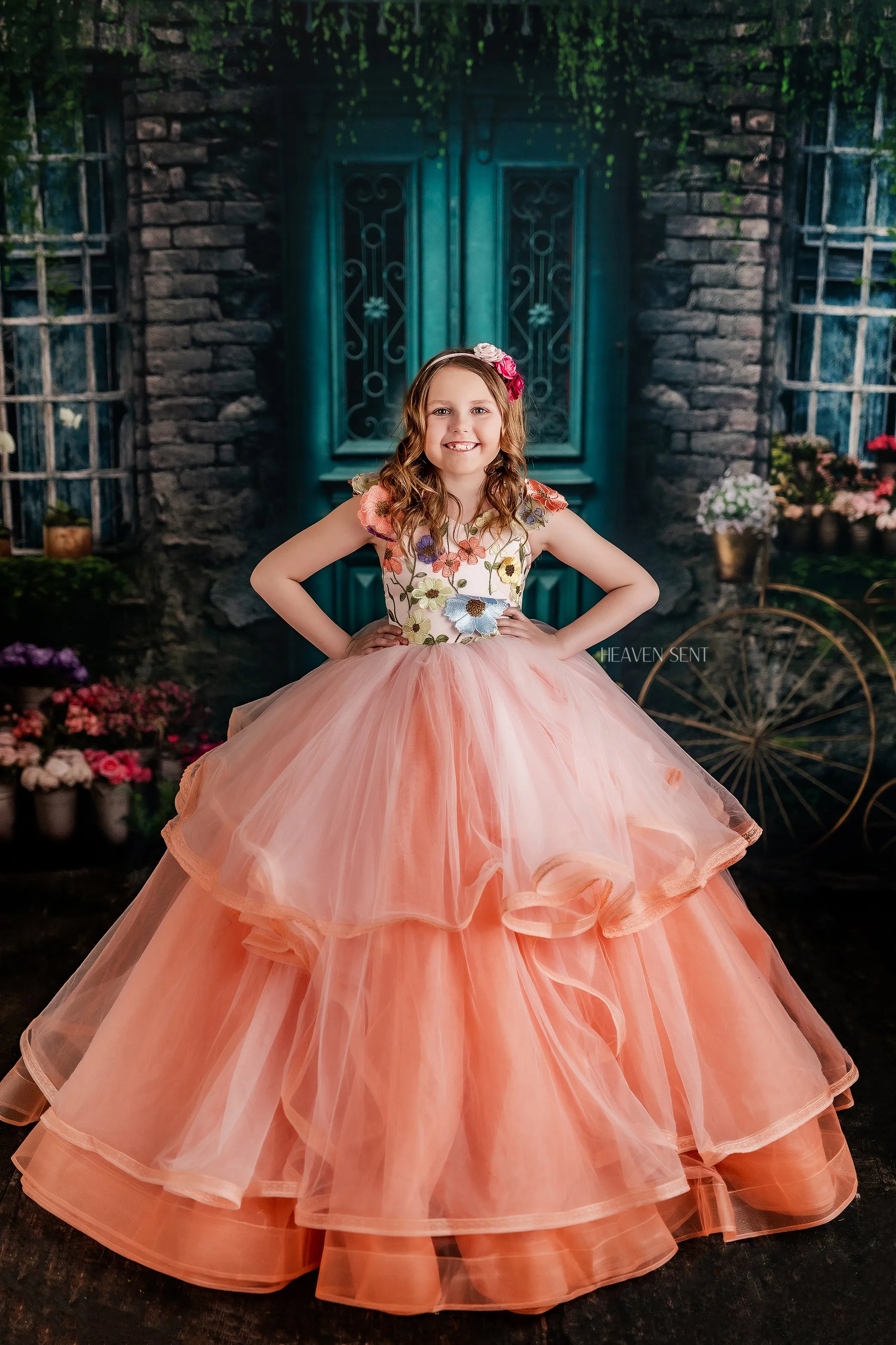 Retired rentaleuc "Taylor" in Coral Peach -  Floor Length Dress ( 7 Year - Petite 8 Year)