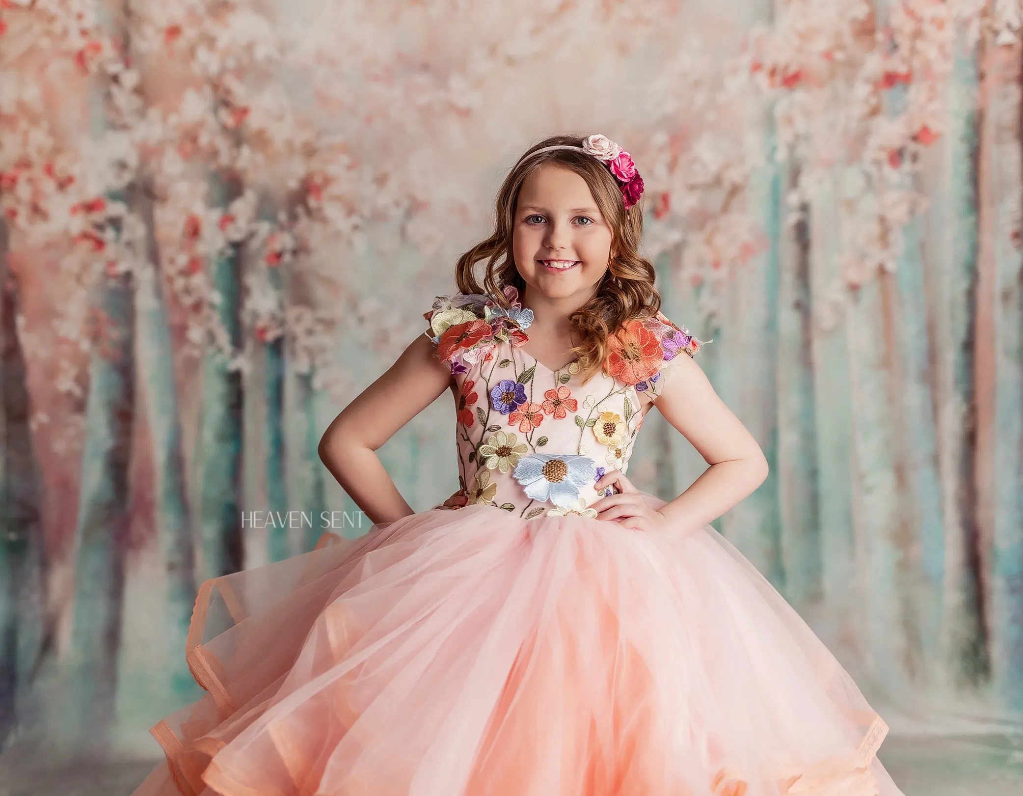 Retired rentaleuc "Taylor" in Coral Peach -  Floor Length Dress ( 7 Year - Petite 8 Year)