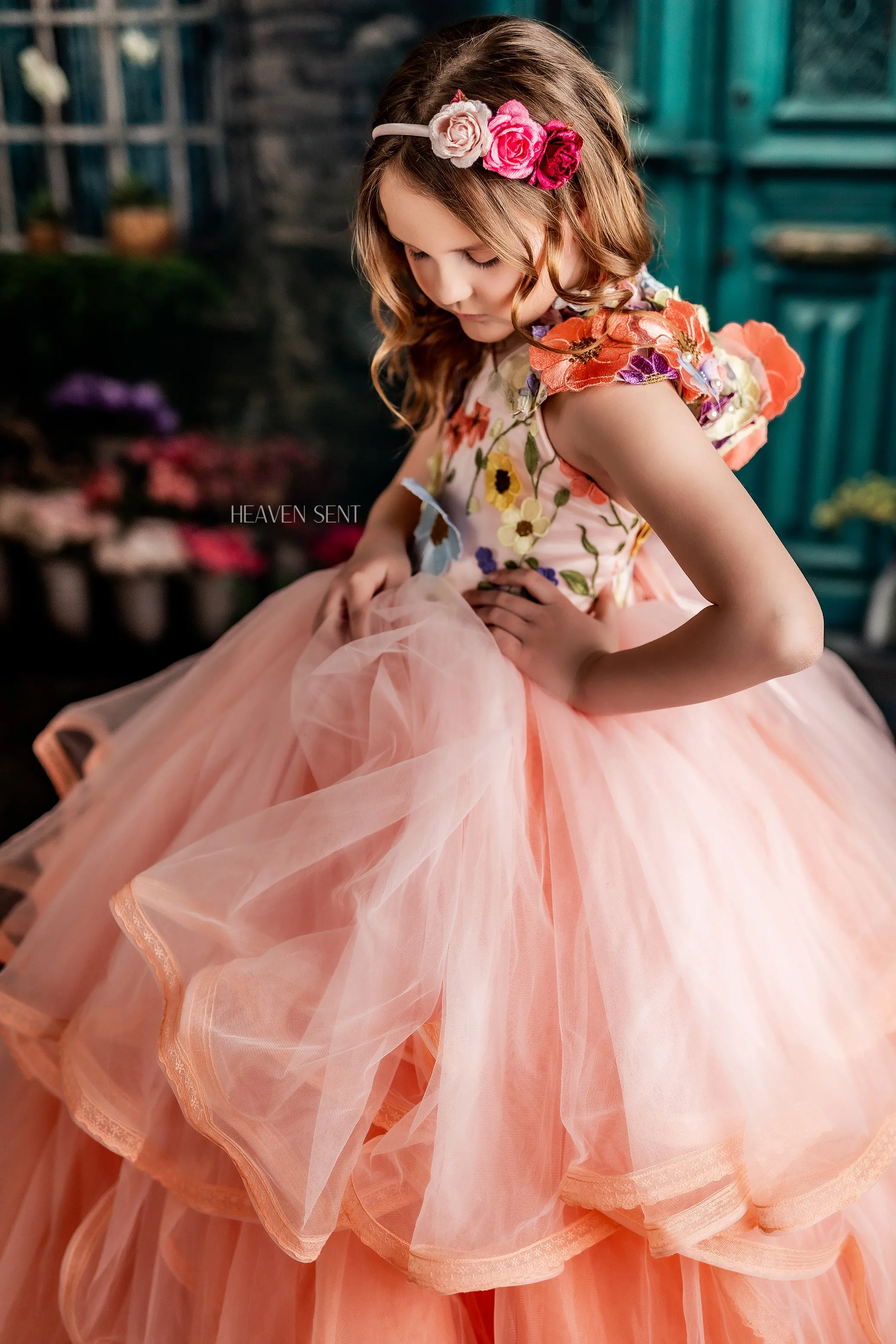 Retired rentaleuc "Taylor" in Coral Peach -  Floor Length Dress ( 7 Year - Petite 8 Year)