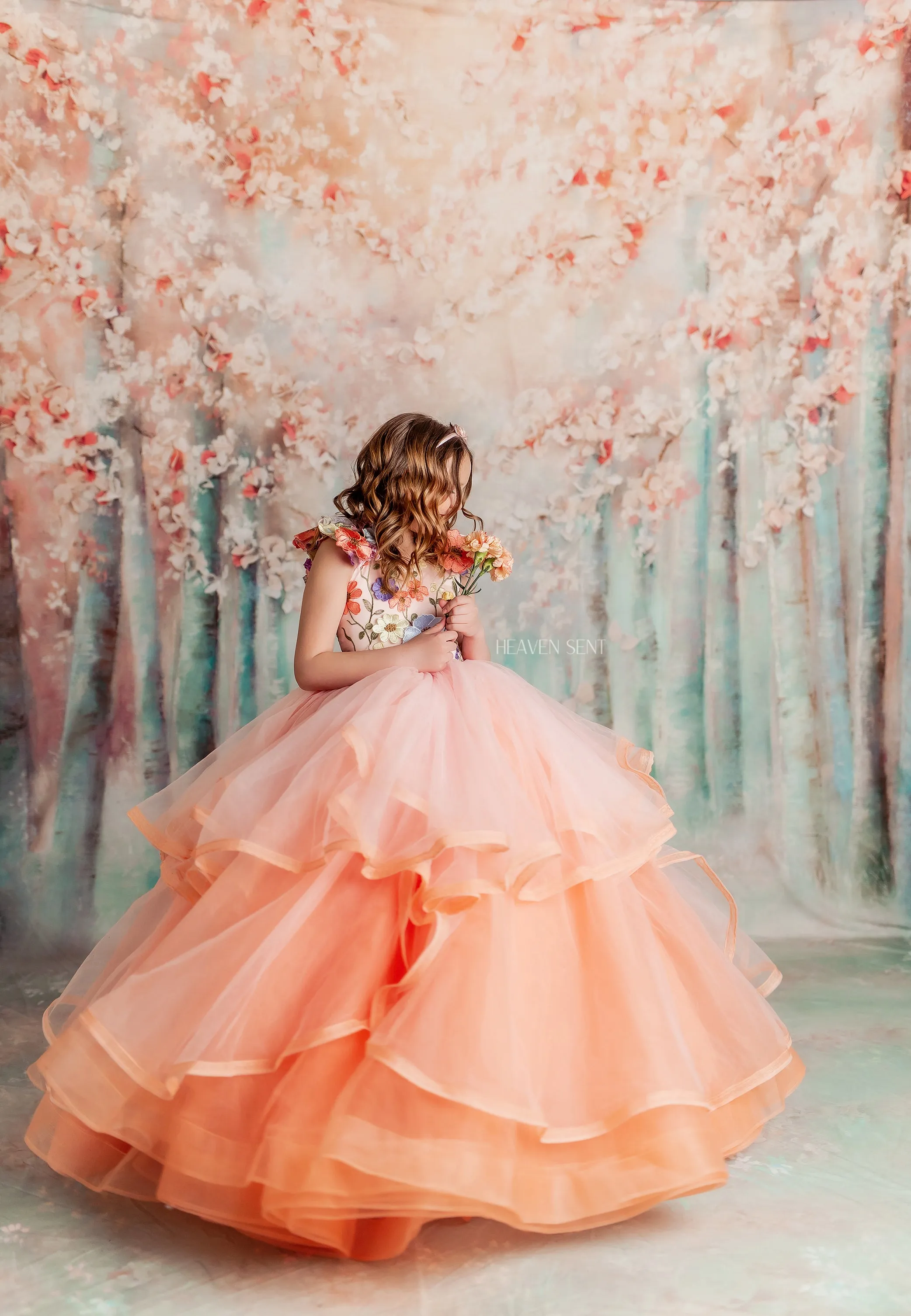 Retired rentaleuc "Taylor" in Coral Peach -  Floor Length Dress ( 7 Year - Petite 8 Year)