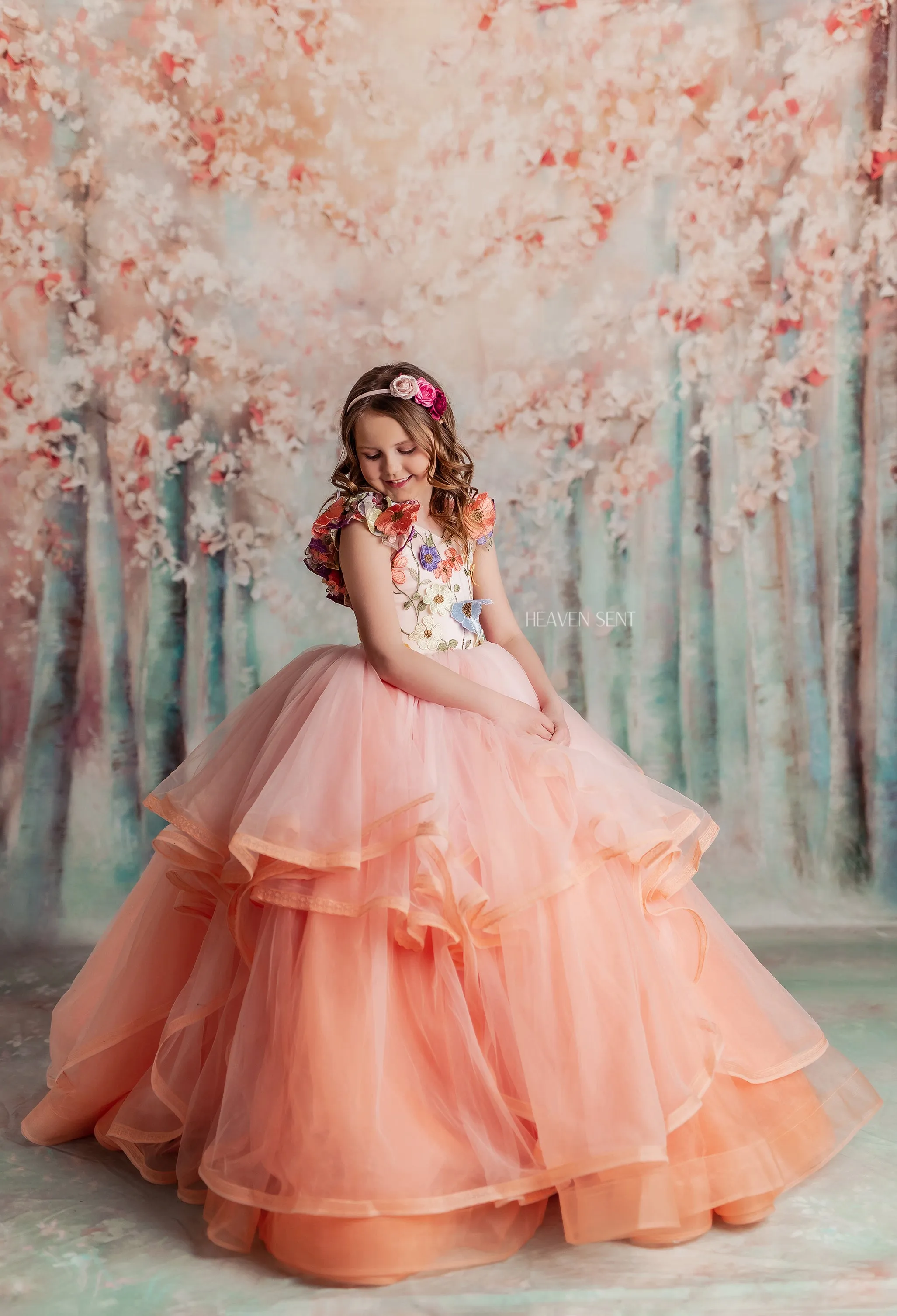 Retired rentaleuc "Taylor" in Coral Peach -  Floor Length Dress ( 7 Year - Petite 8 Year)