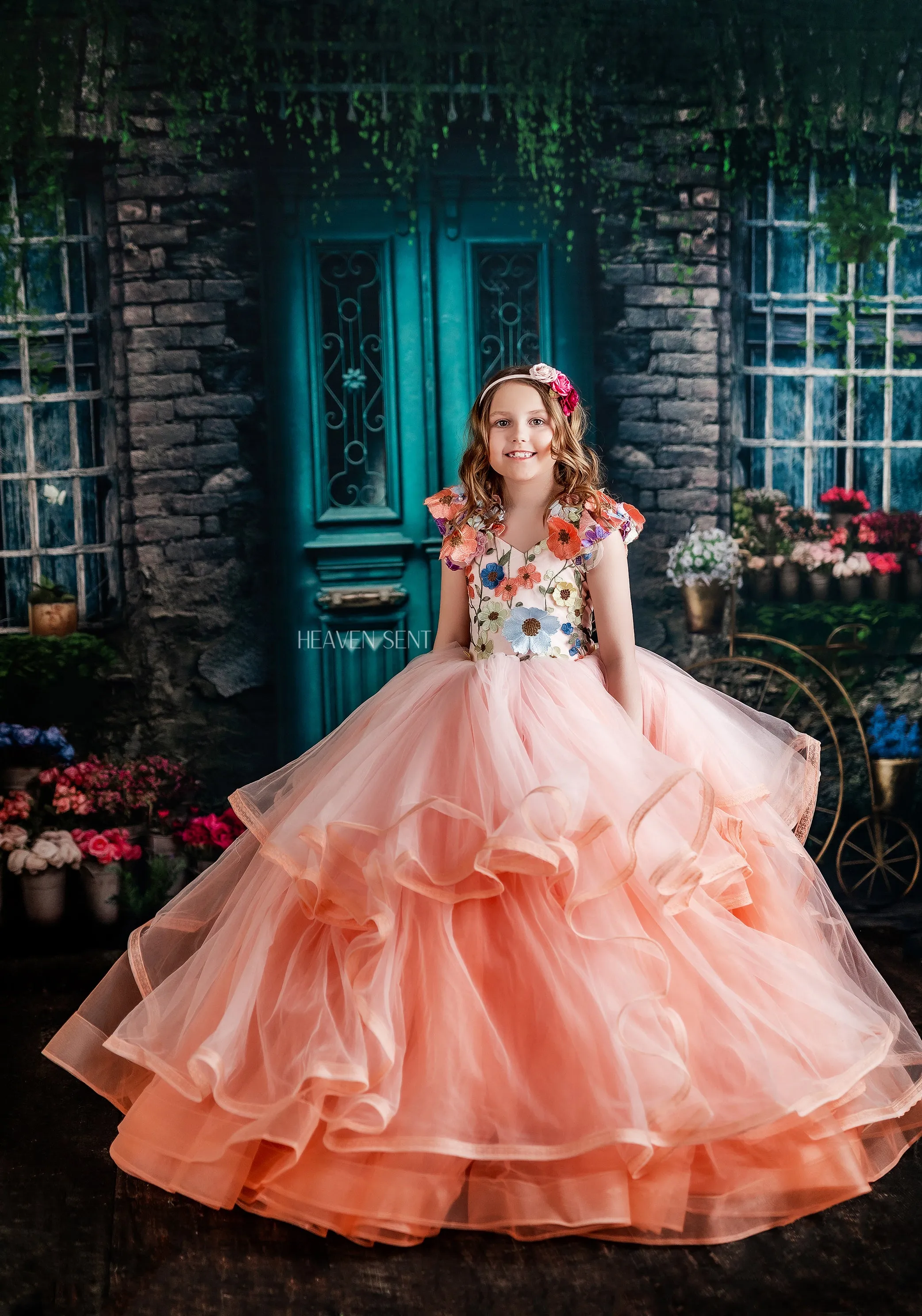 Retired rentaleuc "Taylor" in Coral Peach -  Floor Length Dress ( 7 Year - Petite 8 Year)