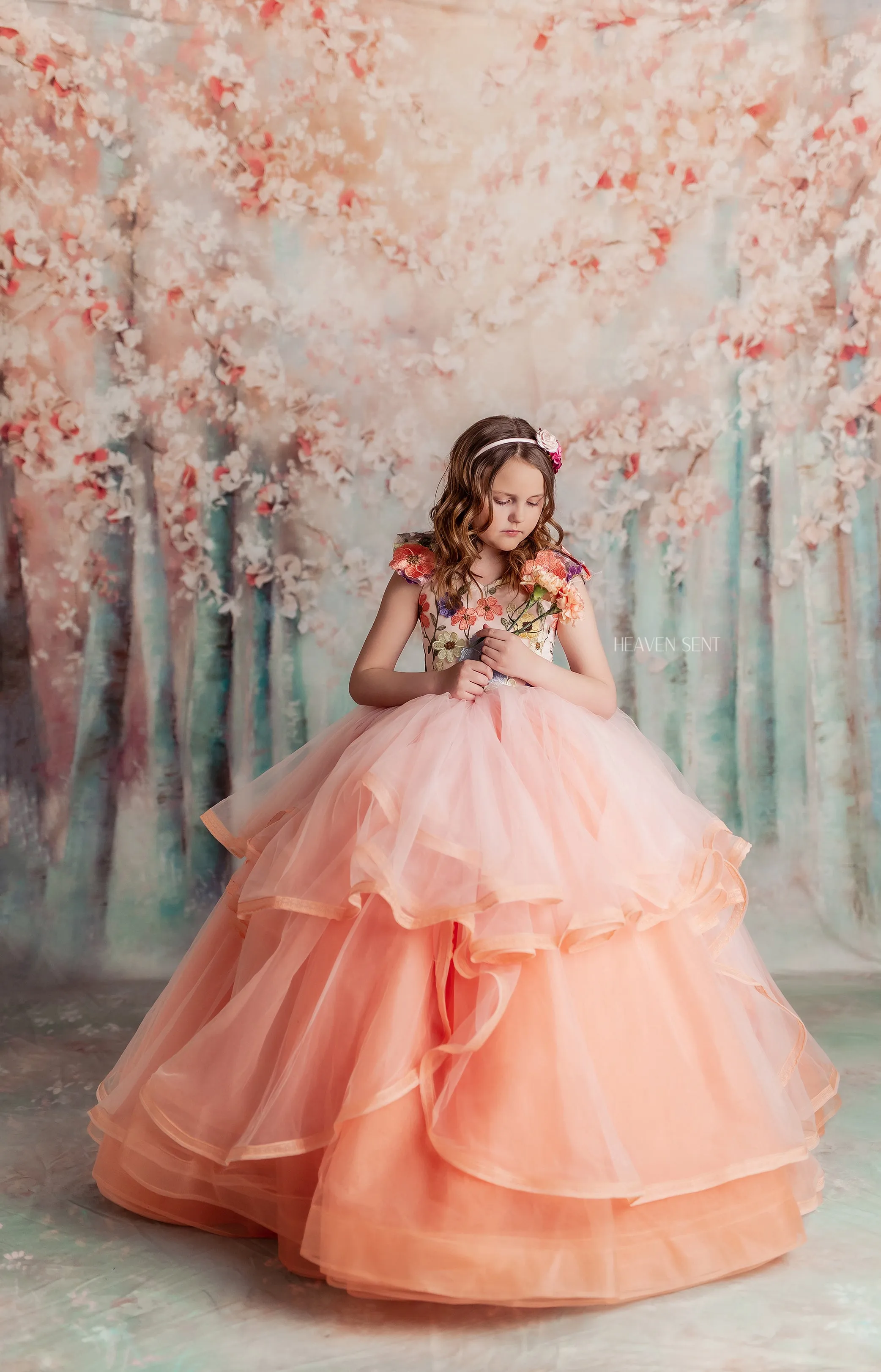 Retired rentaleuc "Taylor" in Coral Peach -  Floor Length Dress ( 7 Year - Petite 8 Year)