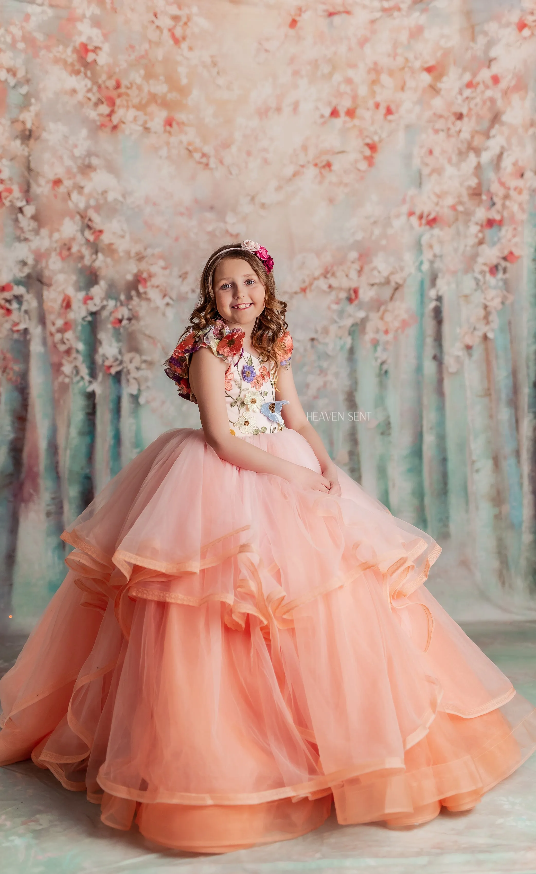Retired rentaleuc "Taylor" in Coral Peach -  Floor Length Dress ( 7 Year - Petite 8 Year)