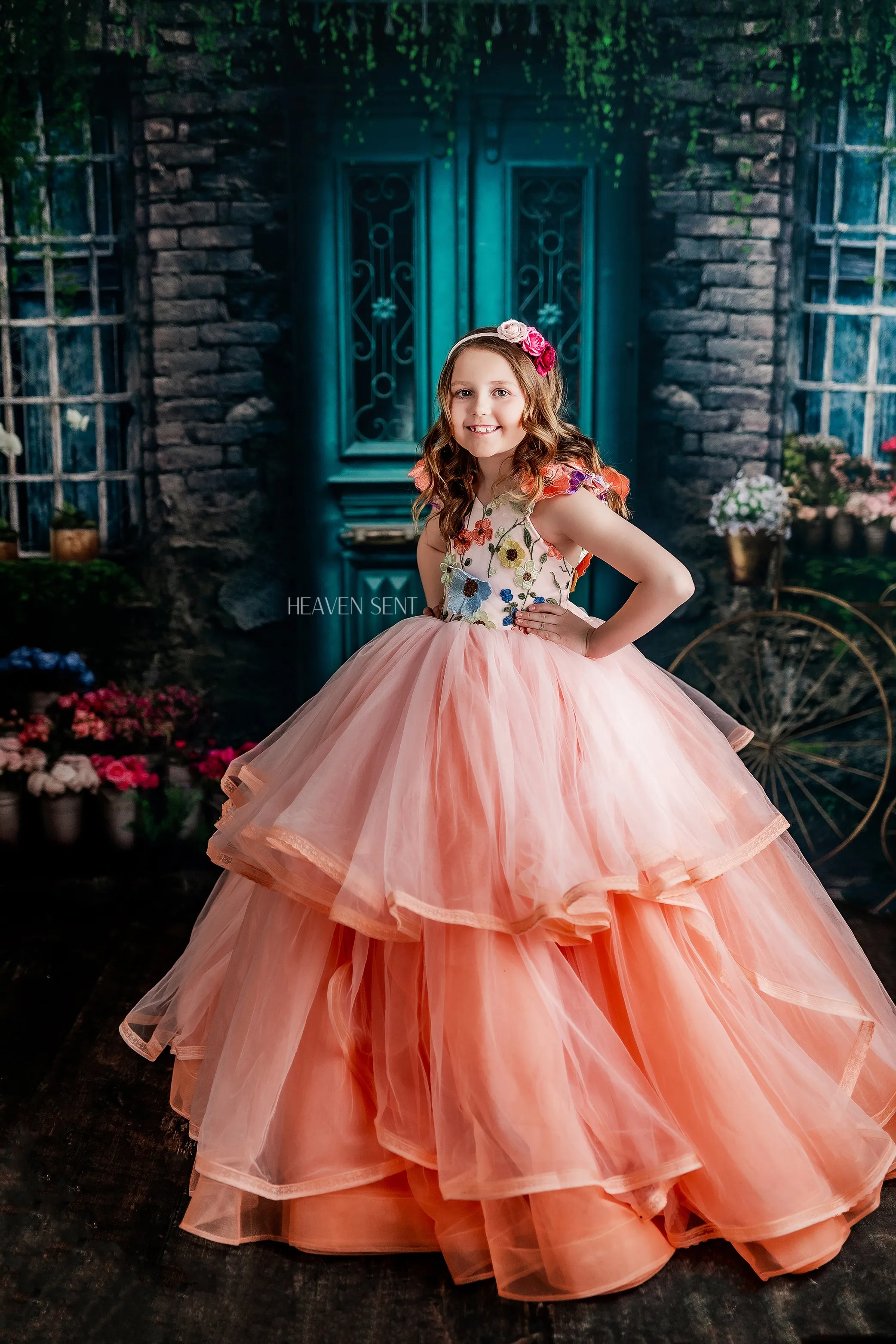 Retired rentaleuc "Taylor" in Coral Peach -  Floor Length Dress ( 7 Year - Petite 8 Year)