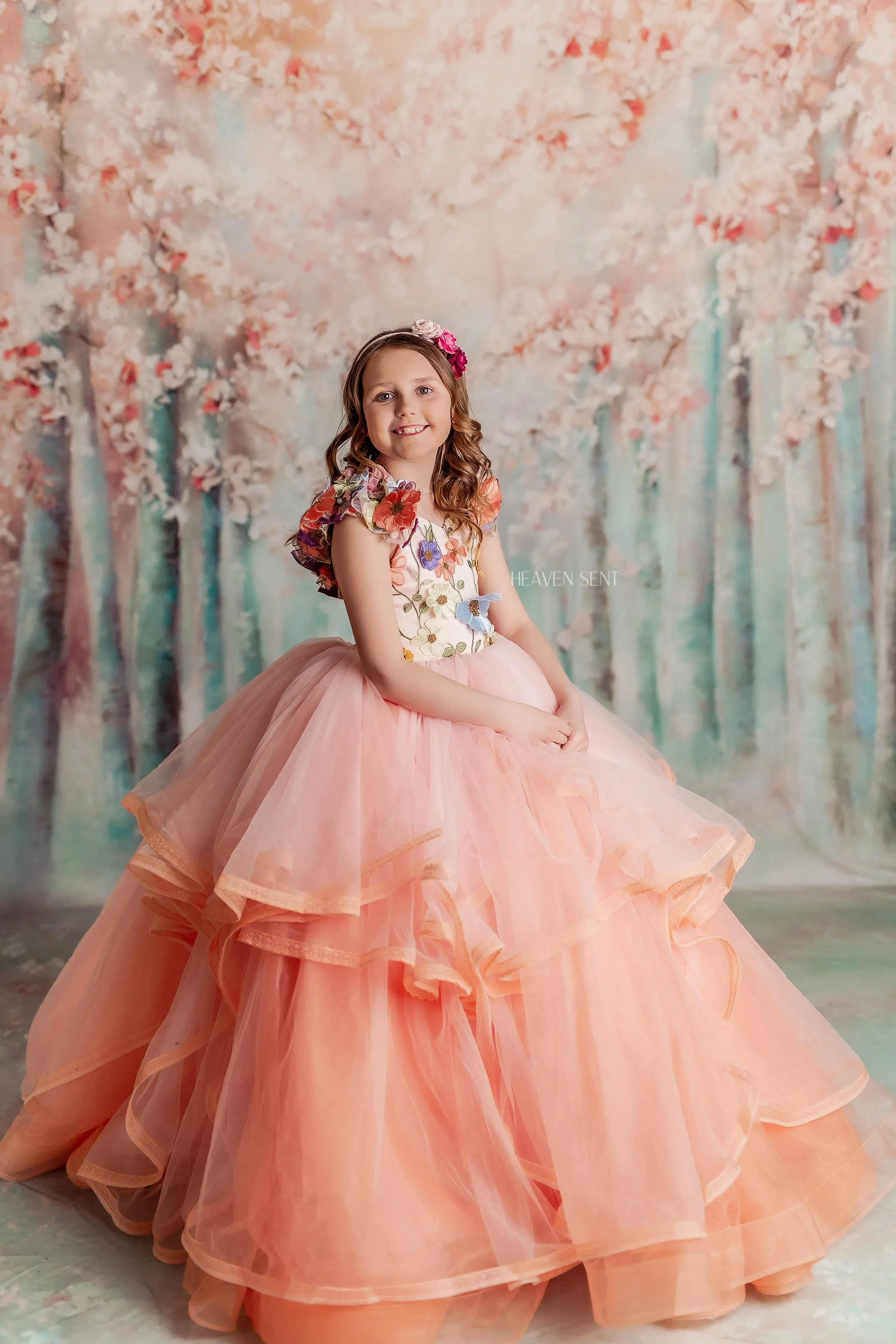 Retired rentaleuc "Taylor" in Coral Peach -  Floor Length Dress ( 7 Year - Petite 8 Year)