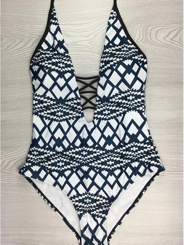 Sexy Halter Geometric Print One-piece Swimsuit