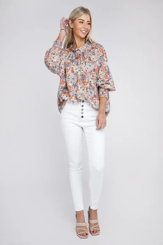 TEEK - Floral Mock Neck Raglan Sleeve Blouse