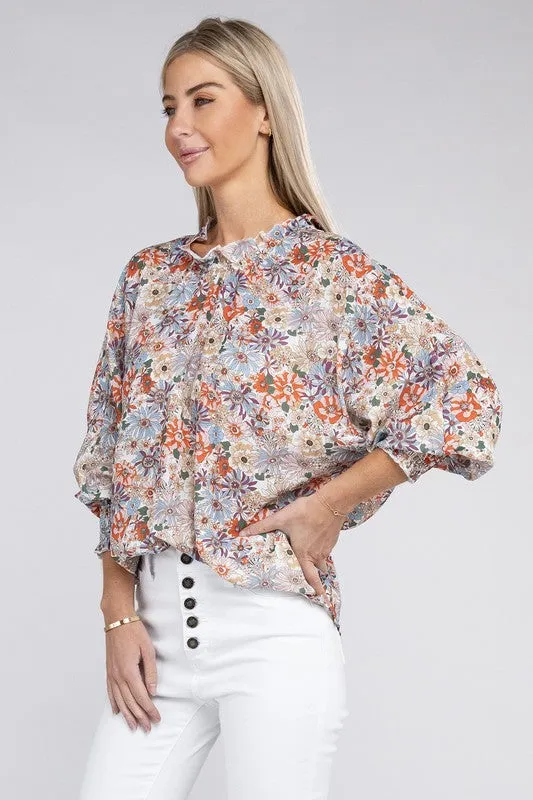 TEEK - Floral Mock Neck Raglan Sleeve Blouse