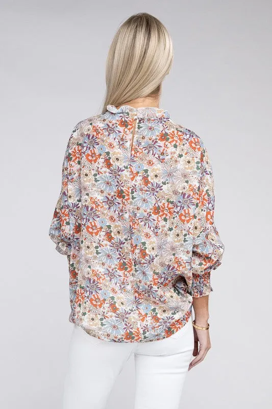 TEEK - Floral Mock Neck Raglan Sleeve Blouse