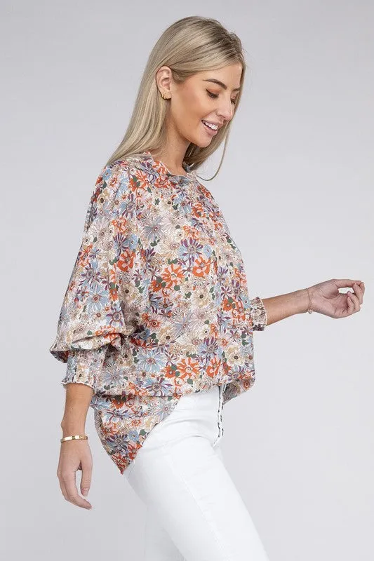TEEK - Floral Mock Neck Raglan Sleeve Blouse