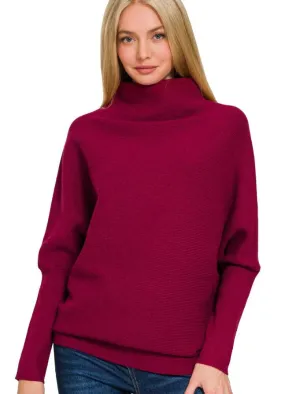 Viscose Dolman Sleeve Mock Neck Sweater in Heather Red by Zenana