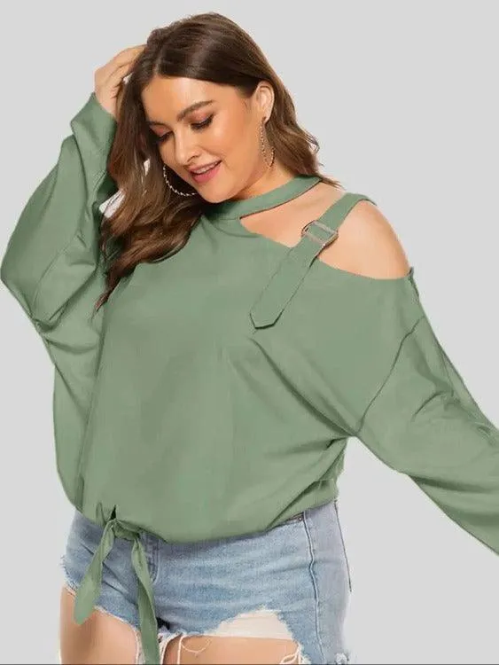 Women's Plus Cold-shoulder Long Sleeves Solid Blouse