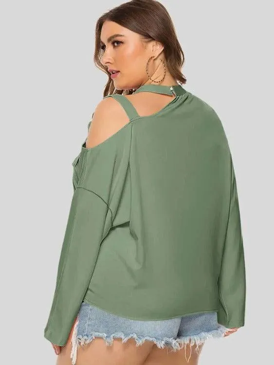 Women's Plus Cold-shoulder Long Sleeves Solid Blouse