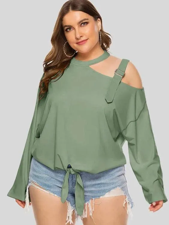 Women's Plus Cold-shoulder Long Sleeves Solid Blouse