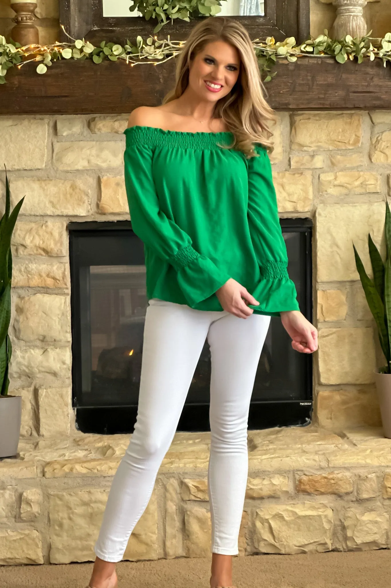 You've Got This Off Shoulder Smocked Top : Green