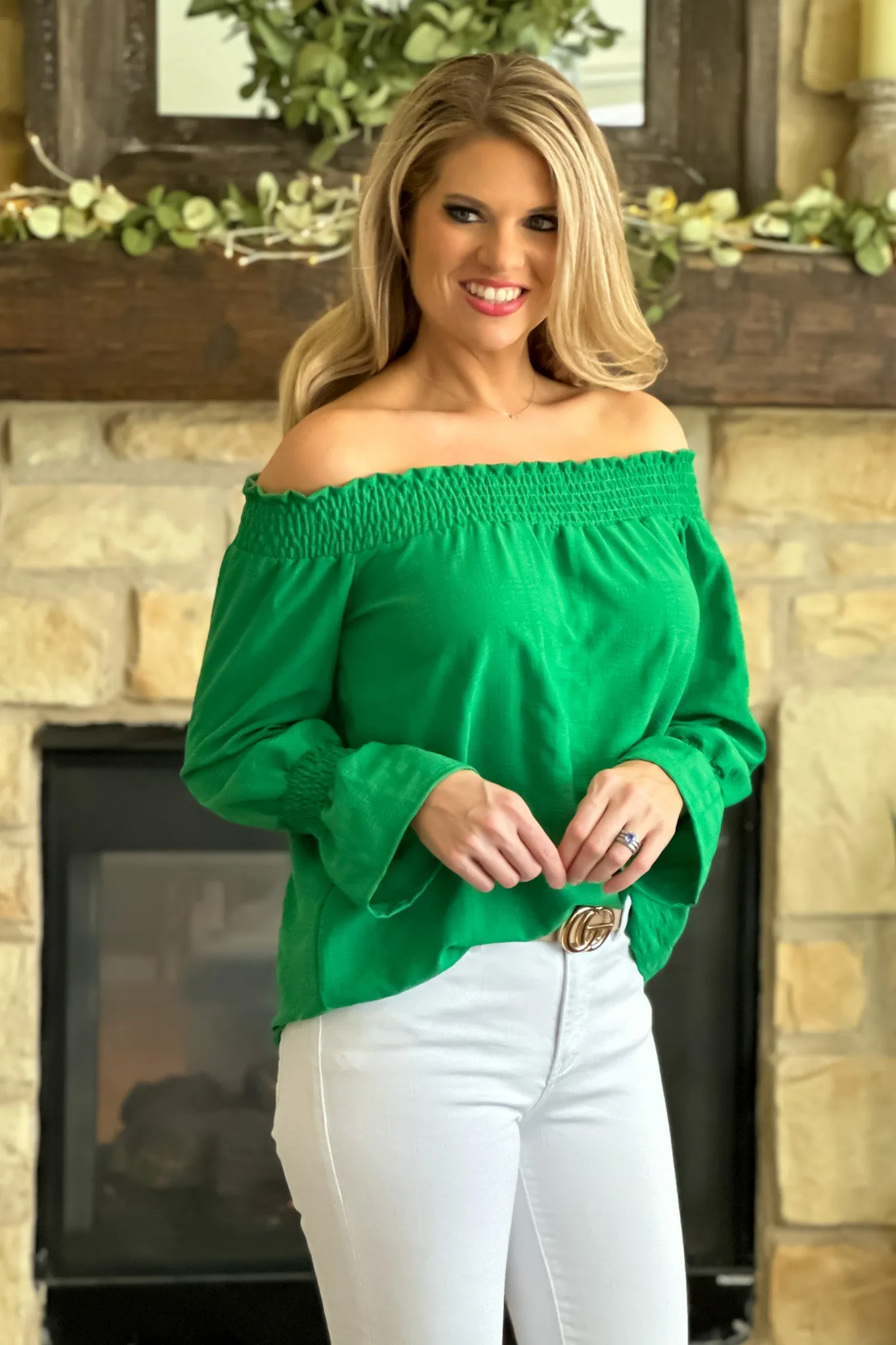 You've Got This Off Shoulder Smocked Top : Green