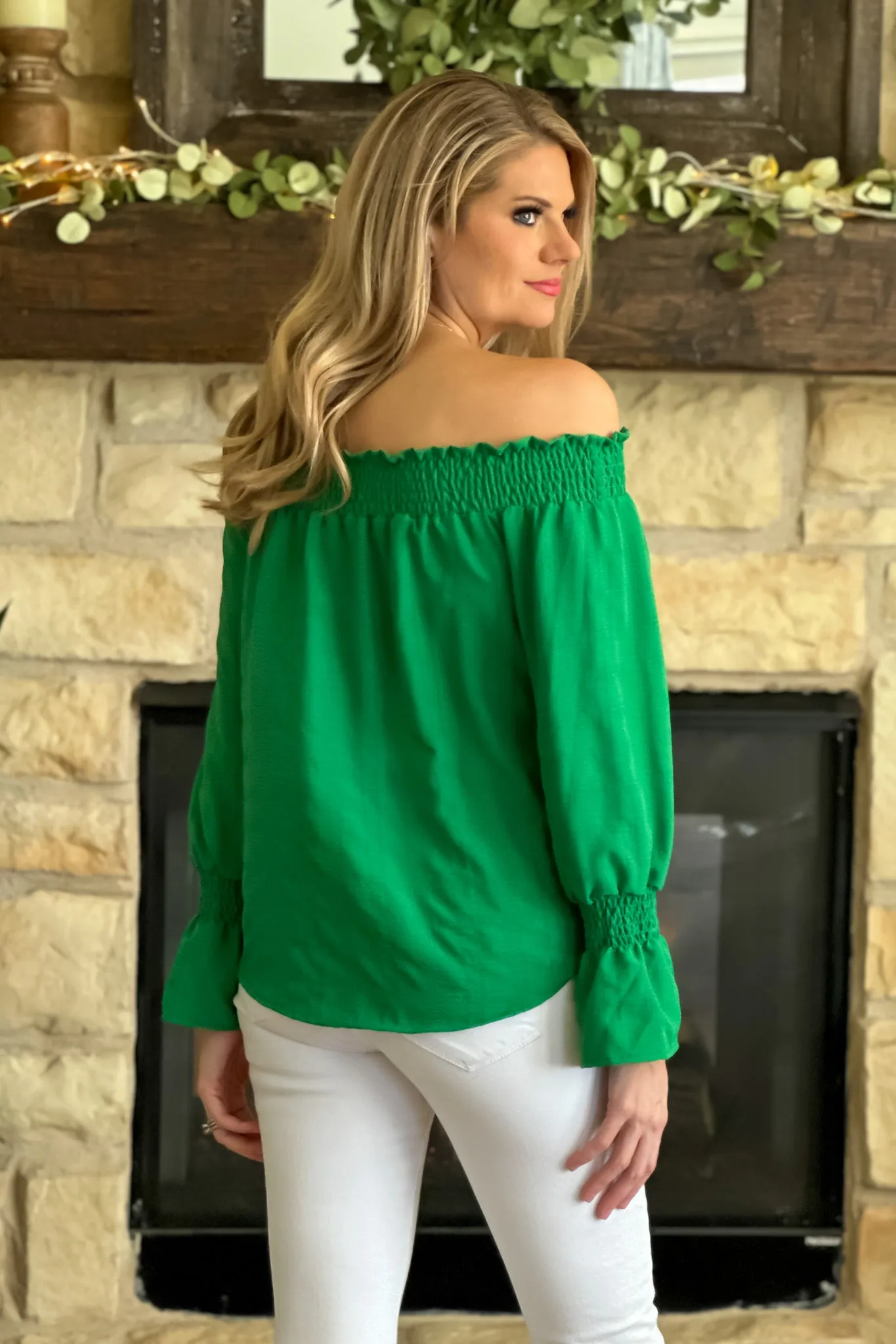 You've Got This Off Shoulder Smocked Top : Green